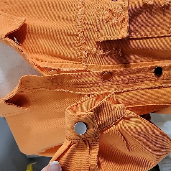 Distressed Button Down Long Sleeve Top Shacket Orange - Picture 4 of 7